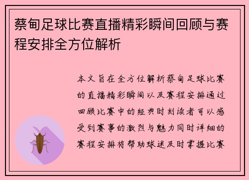 蔡甸足球比赛直播精彩瞬间回顾与赛程安排全方位解析